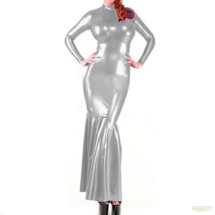 Shiny Metallic High Neck Long Sleeve Mermaid Evening Gown Dress Bodycon Maxi Clubwear for Women