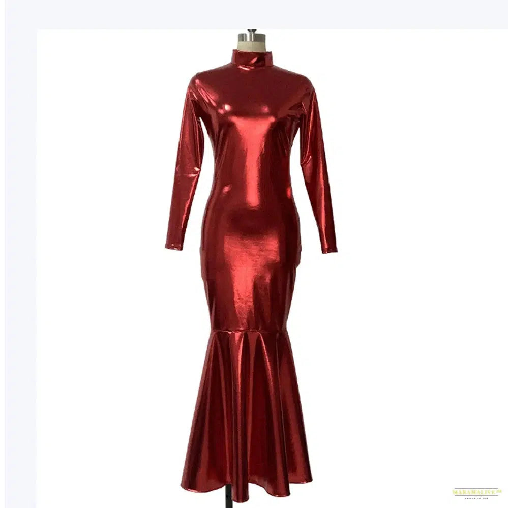 Shiny Metallic High Neck Long Sleeve Mermaid Evening Gown Dress Bodycon Maxi Clubwear for Women