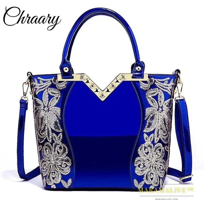 Shiny Patent Leather Embroidery Shoulder Bag Female Party Bags Brand Designer Handbags Large Capacity Women Cross Body Tote