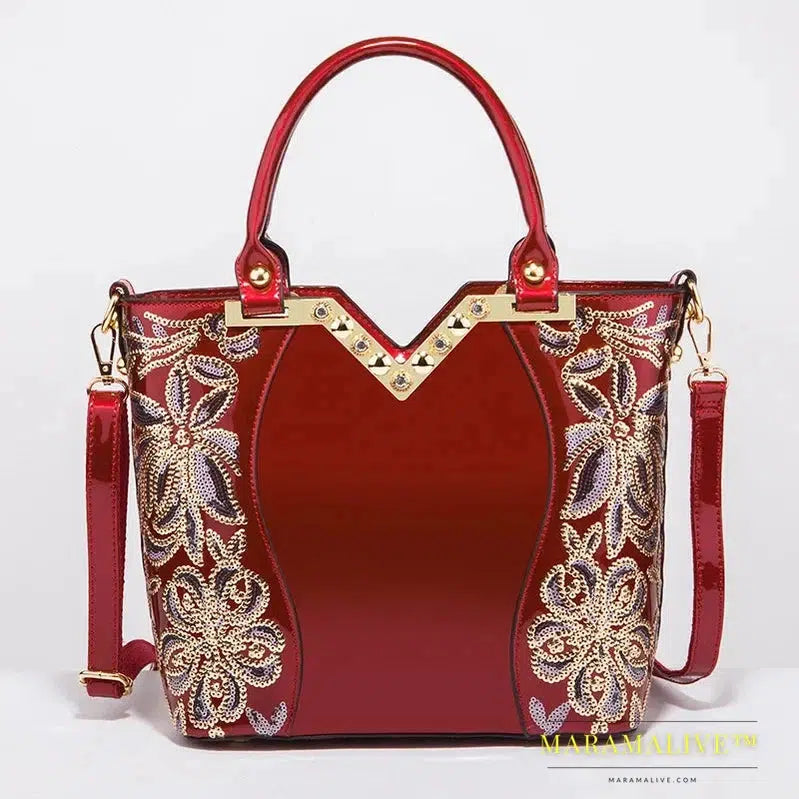 Shiny Patent Leather Embroidery Shoulder Bag Female Party Bags Brand Designer Handbags Large Capacity Women Cross Body Tote