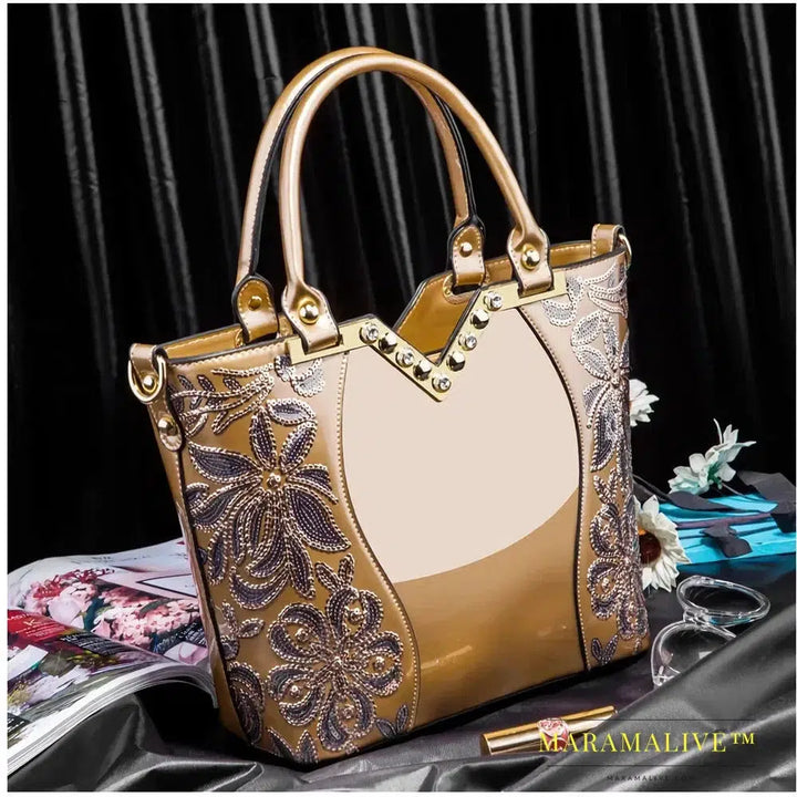 Shiny Patent Leather Embroidery Shoulder Bag Female Party Bags Brand Designer Handbags Large Capacity Women Cross Body Tote