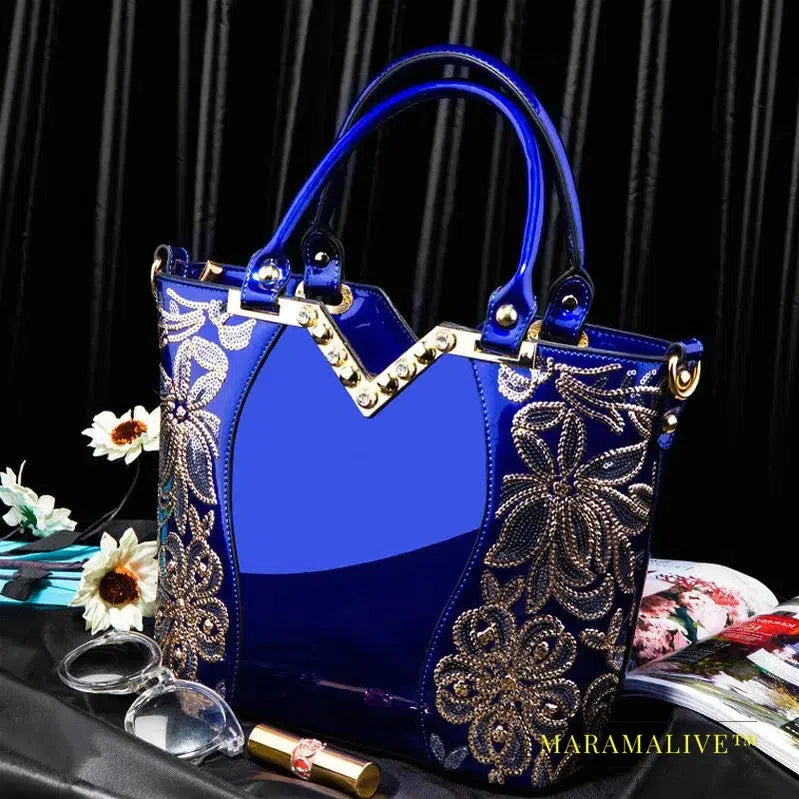 Shiny Patent Leather Embroidery Shoulder Bag Female Party Bags Brand Designer Handbags Large Capacity Women Cross Body Tote