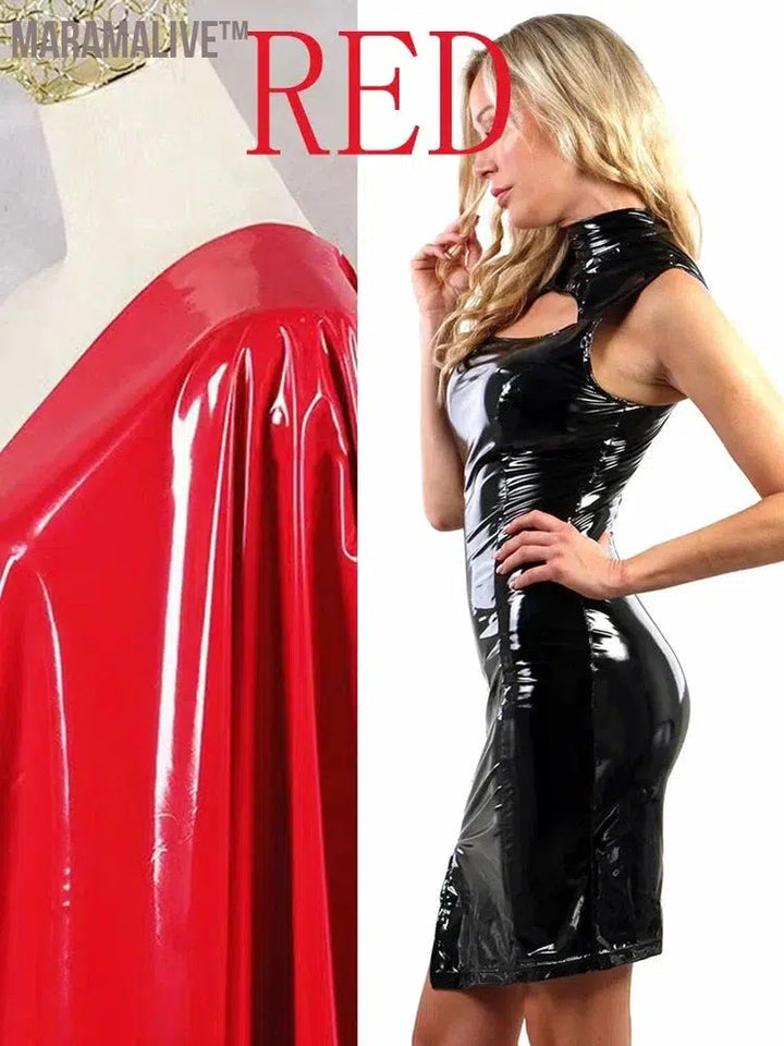 Shiny Patent Leather Mini Dress Women Sexy Front Hollow Out Stretch Bodycon Tank Dress Party Custom High Neck PVC Clubwear New