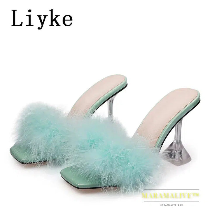 Shoes 9CM Transparent High Heels Fur Slippers Women Feather Sandals Peep Toe Mules Lady Pumps Slides Party Shoes Pink