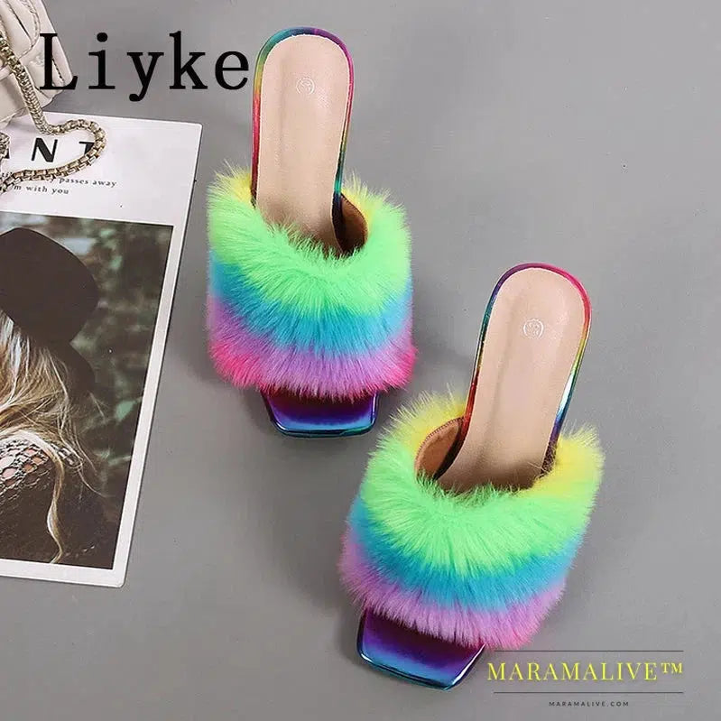 Shoes 9CM Transparent High Heels Fur Slippers Women Feather Sandals Peep Toe Mules Lady Pumps Slides Party Shoes Pink