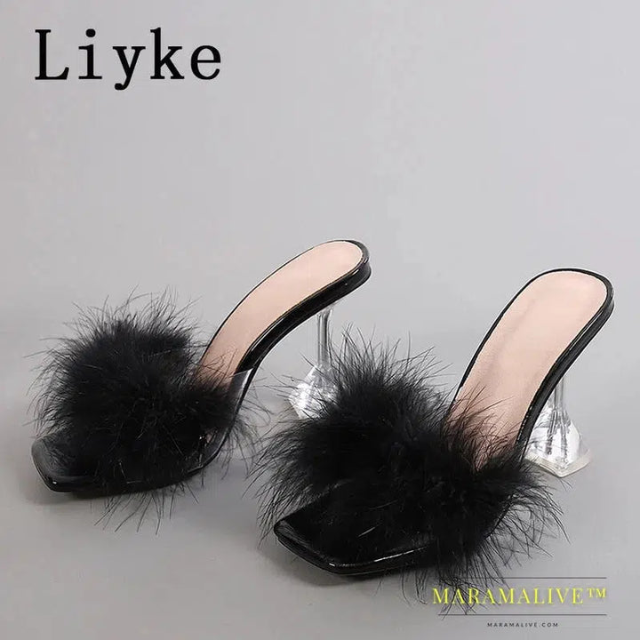 Shoes 9CM Transparent High Heels Fur Slippers Women Feather Sandals Peep Toe Mules Lady Pumps Slides Party Shoes Pink