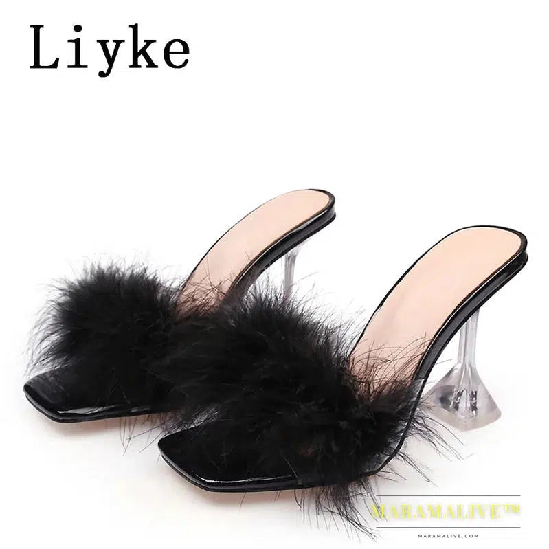 Shoes 9CM Transparent High Heels Fur Slippers Women Feather Sandals Peep Toe Mules Lady Pumps Slides Party Shoes Pink