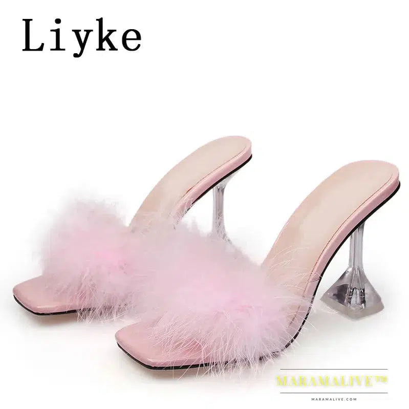 Shoes 9CM Transparent High Heels Fur Slippers Women Feather Sandals Peep Toe Mules Lady Pumps Slides Party Shoes Pink