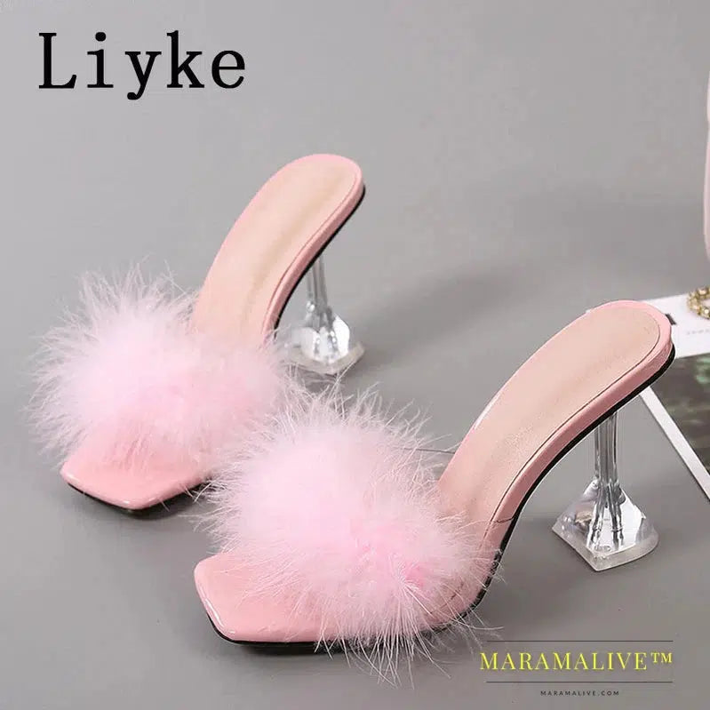 Shoes 9CM Transparent High Heels Fur Slippers Women Feather Sandals Peep Toe Mules Lady Pumps Slides Party Shoes Pink