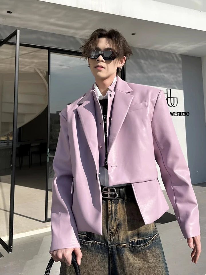 Short Loose Casual Black Purple Soft Pu Leather Blazer Jacket Men Luxury Designer Fake 2 Clothes 2023