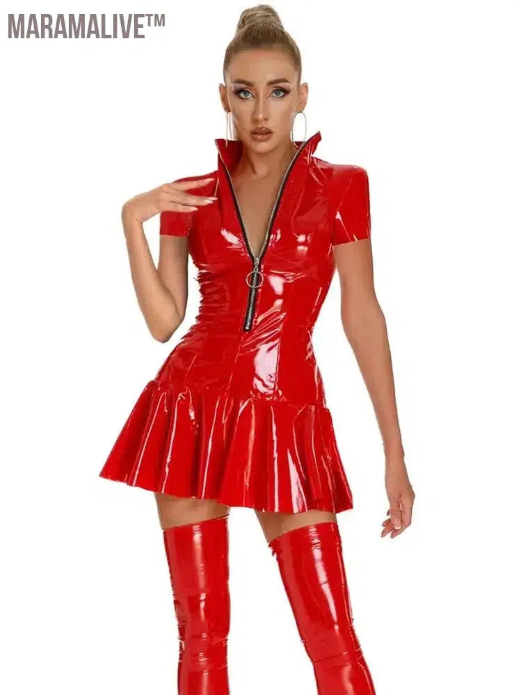 Short Sleeve High Collar Zipper Vestido Shiny Faux PU Leather A-line Dress Wet Look PVC Dresses Tights Sexy Minifalda Miniskirt