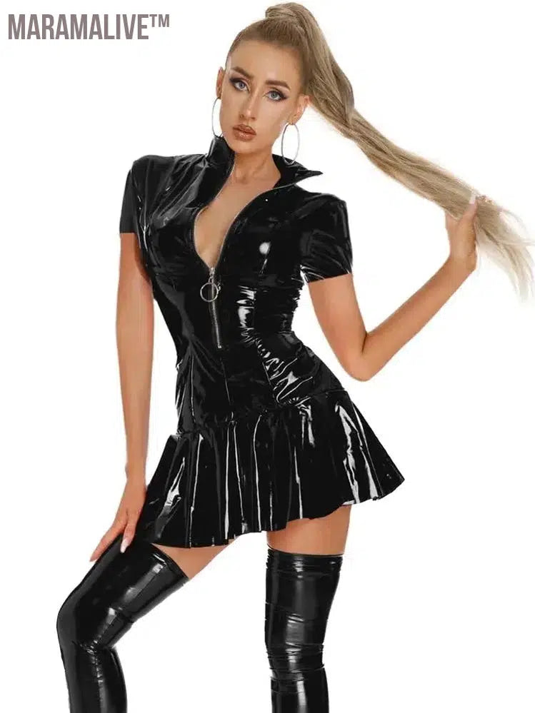 Short Sleeve High Collar Zipper Vestido Shiny Faux PU Leather A-line Dress Wet Look PVC Dresses Tights Sexy Minifalda Miniskirt