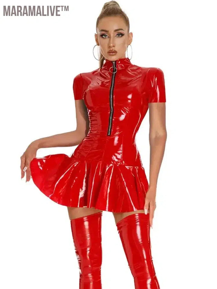 Short Sleeve High Collar Zipper Vestido Shiny Faux PU Leather A-line Dress Wet Look PVC Dresses Tights Sexy Minifalda Miniskirt