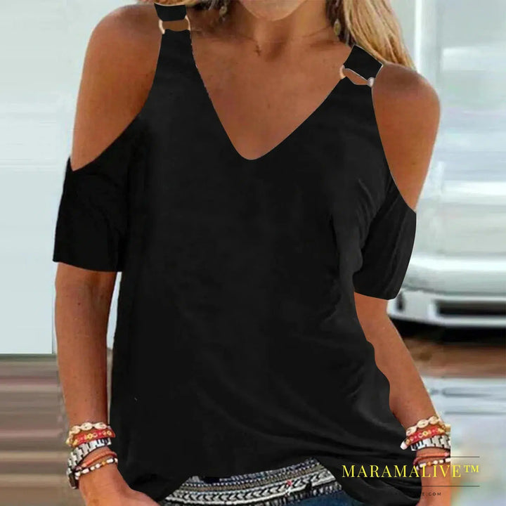 Short Sleeves Summer T-shirt Women Solid Metal Style Cold Shoulder Sexy V Neck Casual Slim Shirts Elegant Ladies Fashion Blouses