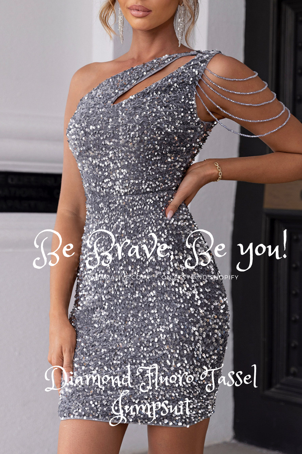 The model is wearing a Maramalive™ Single Shoulder Chain Detail Sequined Bodycon Dress.