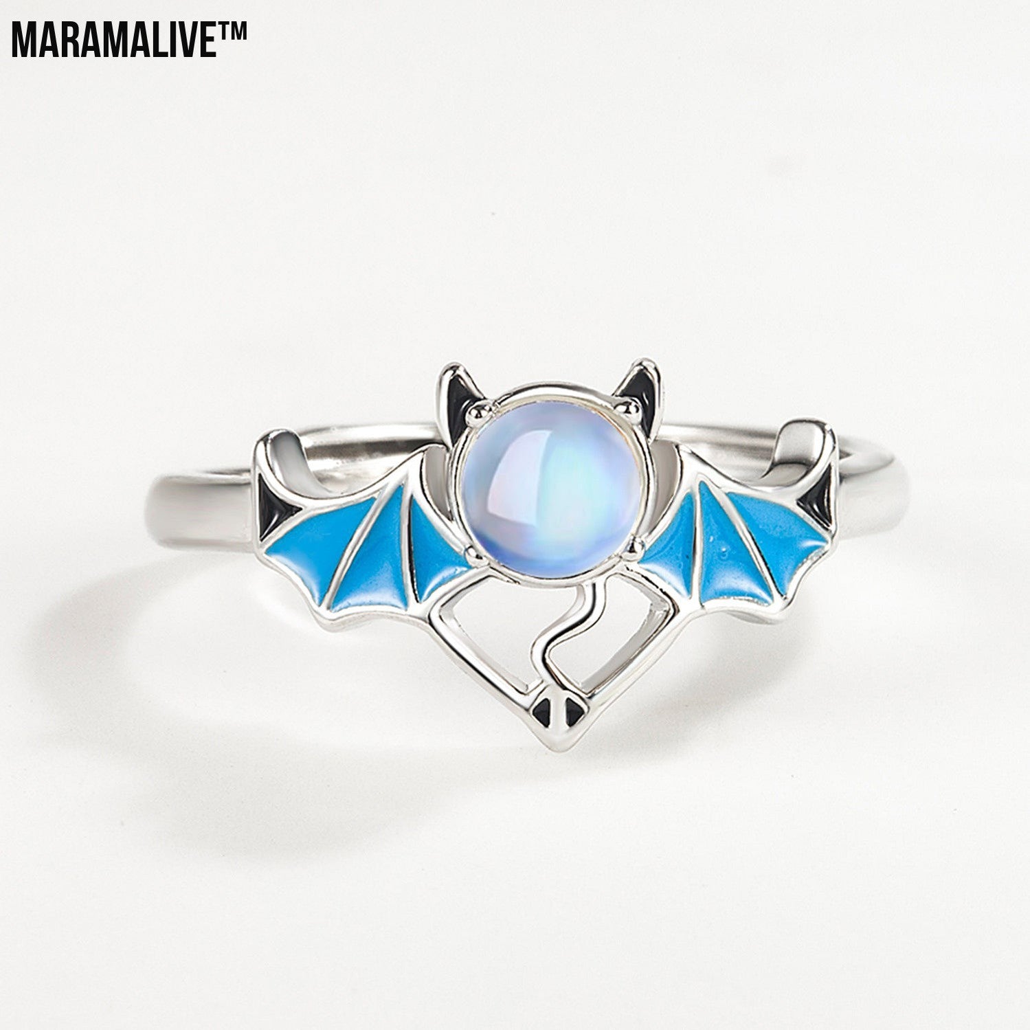 Silver Blue Moonlight Stone Angel Demon Ring