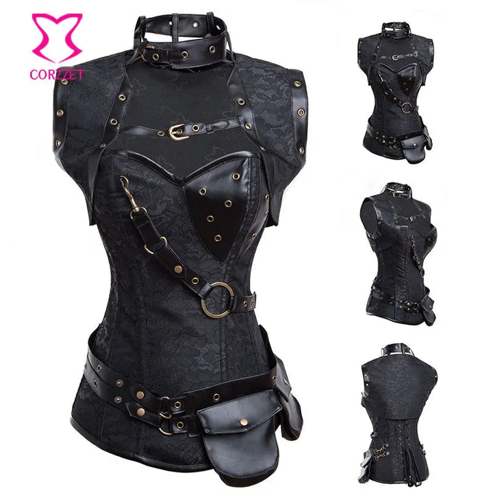 Silver Brocade Steampunk Corset 6XL - Gothic Victorian Steel Boned Corset with Jacket Belt & Burlesque Outfit