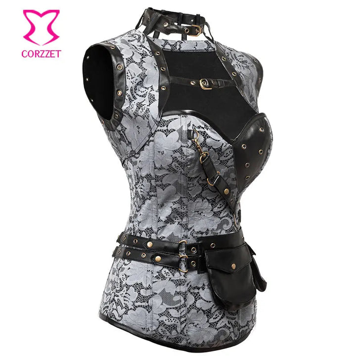 Silver Brocade Steampunk Corset 6XL - Gothic Victorian Steel Boned Corset with Jacket Belt & Burlesque Outfit