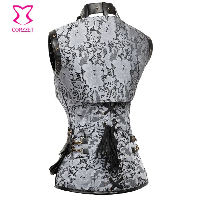 Silver Brocade Steampunk Corset 6XL - Gothic Victorian Steel Boned Corset with Jacket Belt & Burlesque Outfit