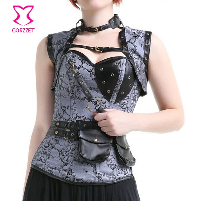 Silver Brocade Steampunk Corset 6XL - Gothic Victorian Steel Boned Corset with Jacket Belt & Burlesque Outfit