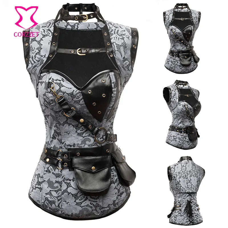 Silver Brocade Steampunk Corset 6XL - Gothic Victorian Steel Boned Corset with Jacket Belt & Burlesque Outfit