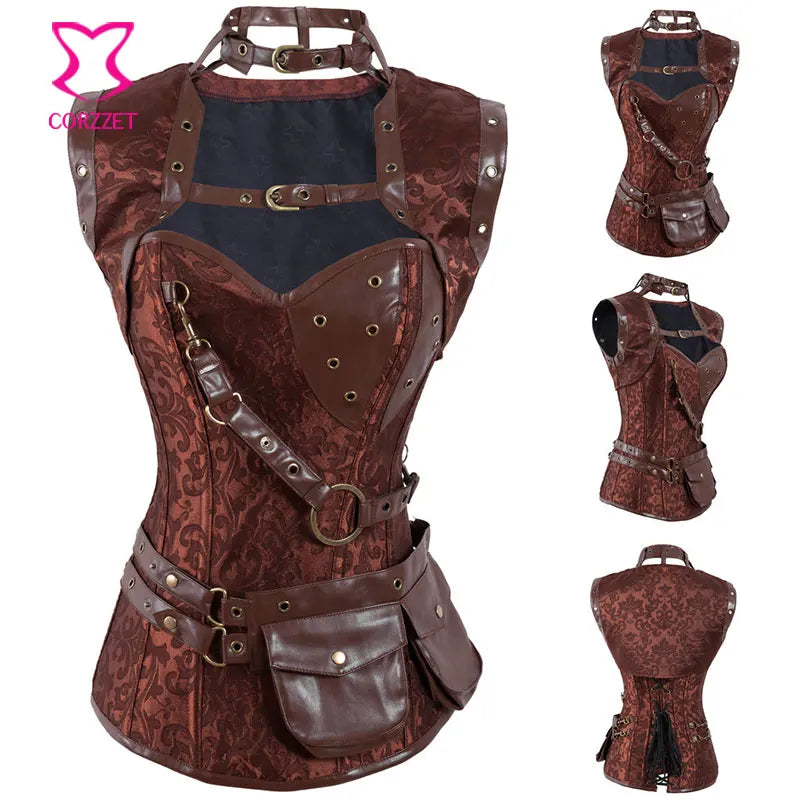 Silver Brocade Steampunk Corset 6XL - Gothic Victorian Steel Boned Corset with Jacket Belt & Burlesque Outfit