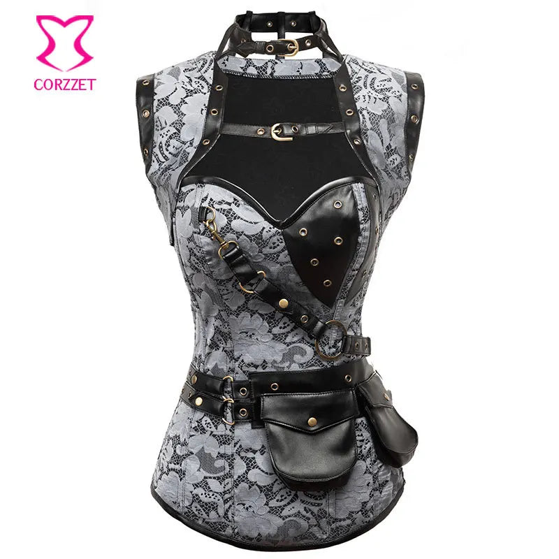 Silver Brocade Steampunk Corset 6XL - Gothic Victorian Steel Boned Corset with Jacket Belt & Burlesque Outfit