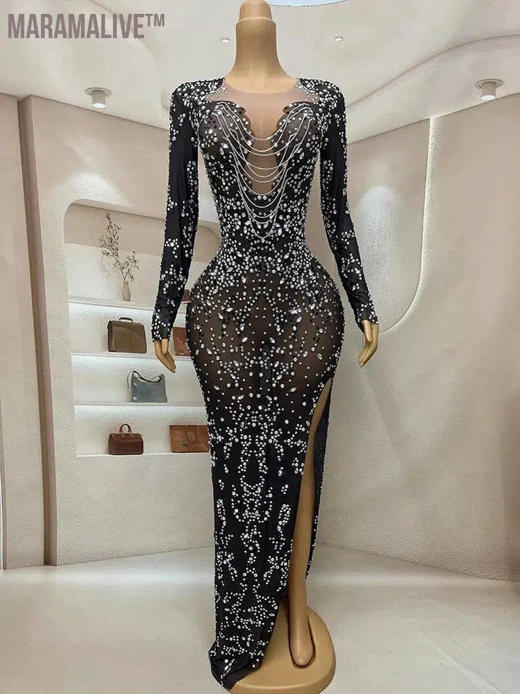 Silver ChainParty dresses for women drag costumes sexy festival show costumes evening dresses with stones Birthday Special Occasion