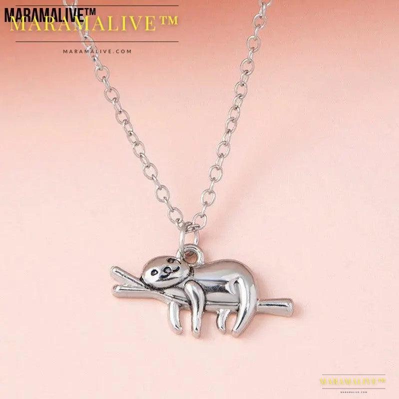 Silver Color Slow Down Be Happy Slider Sloth Pendant Necklaces