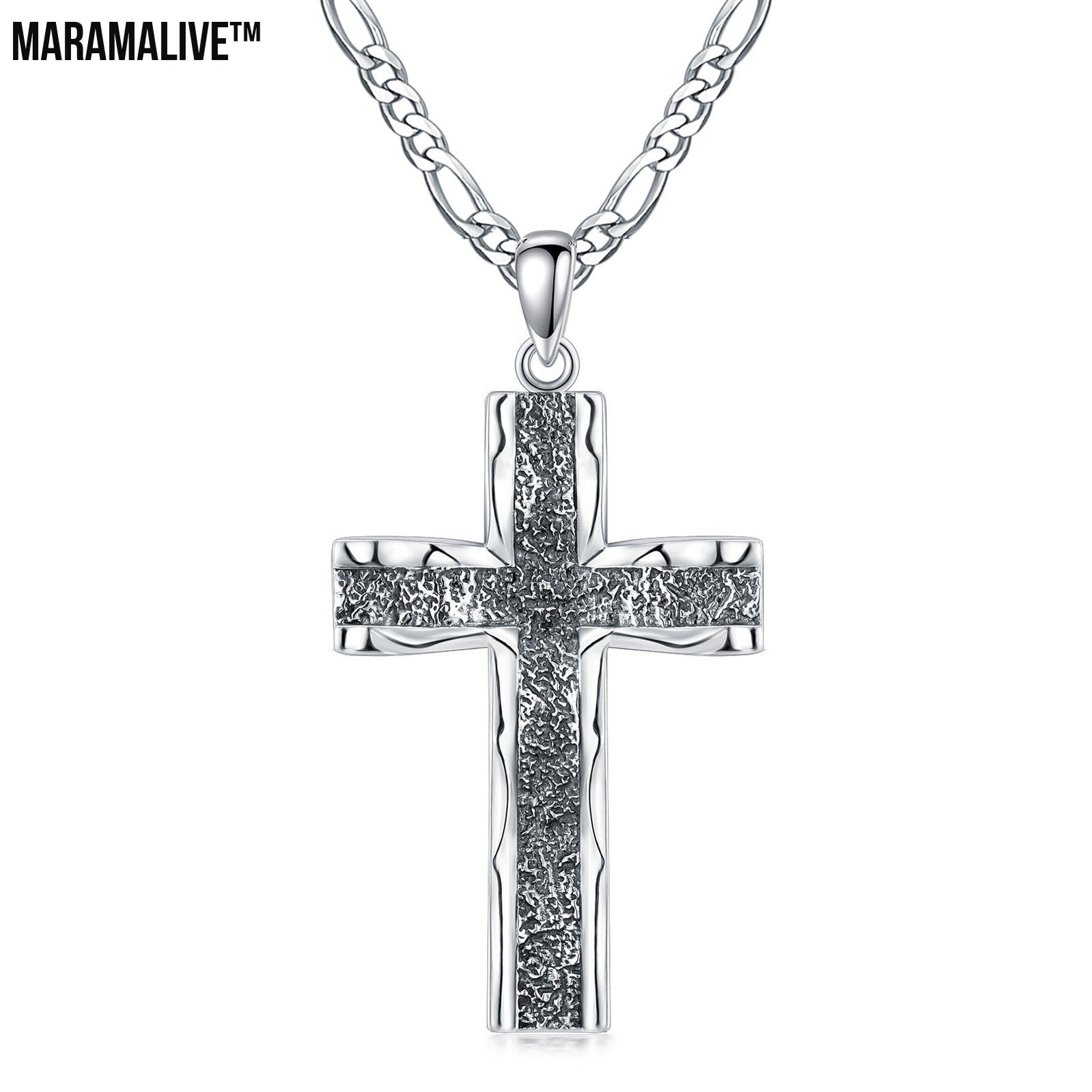 Silver Cross Pendant Necklace with Oxidized Chain