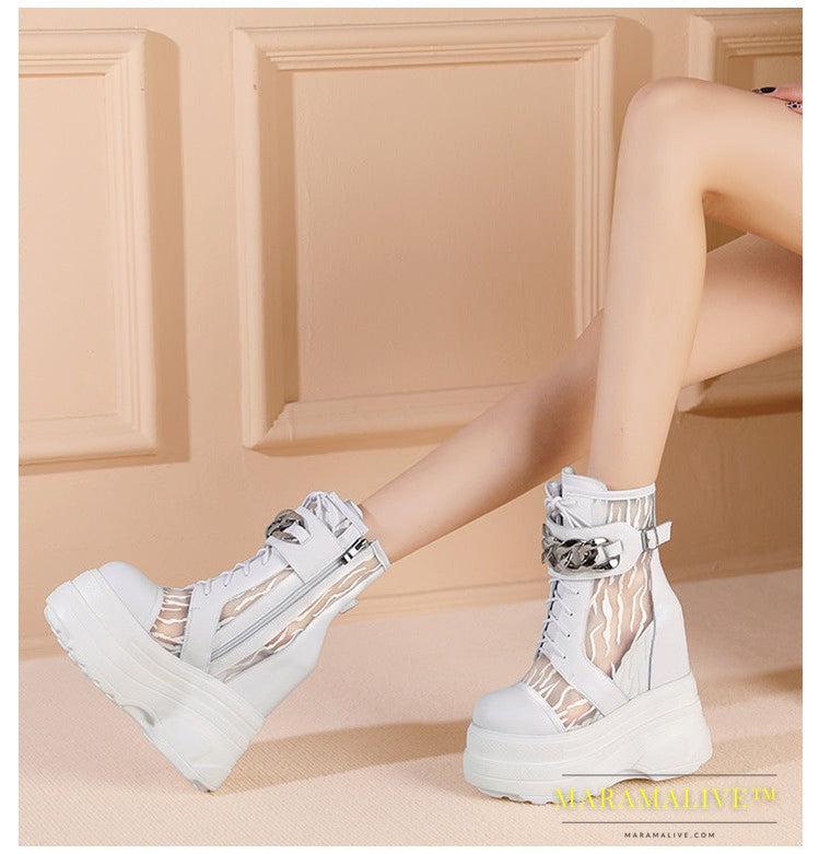 Silver Mesh Metal Buckle Hidden Heel Women's Boots