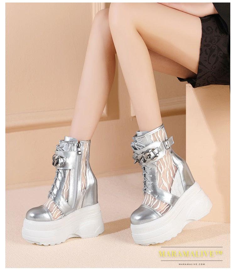 Silver Mesh Metal Buckle Hidden Heel Women's Boots