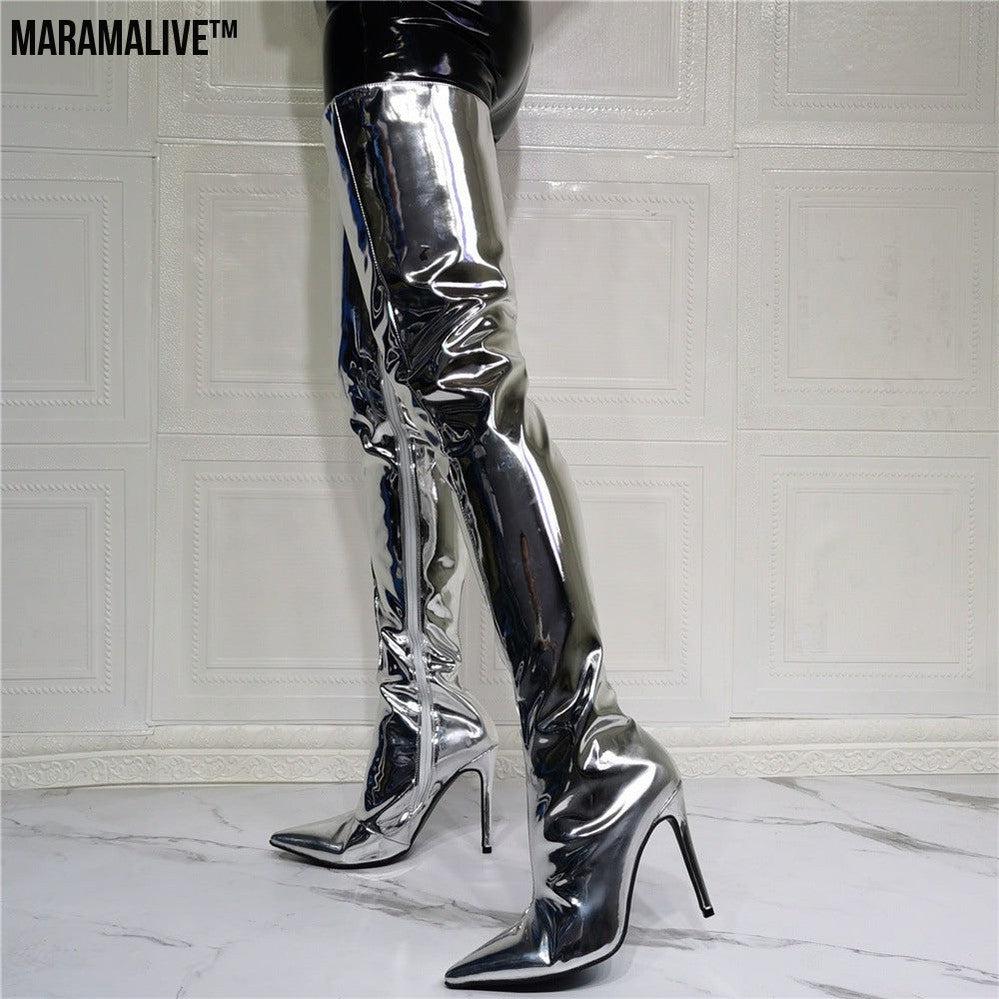 Silver Patent Leather Above Knee Size