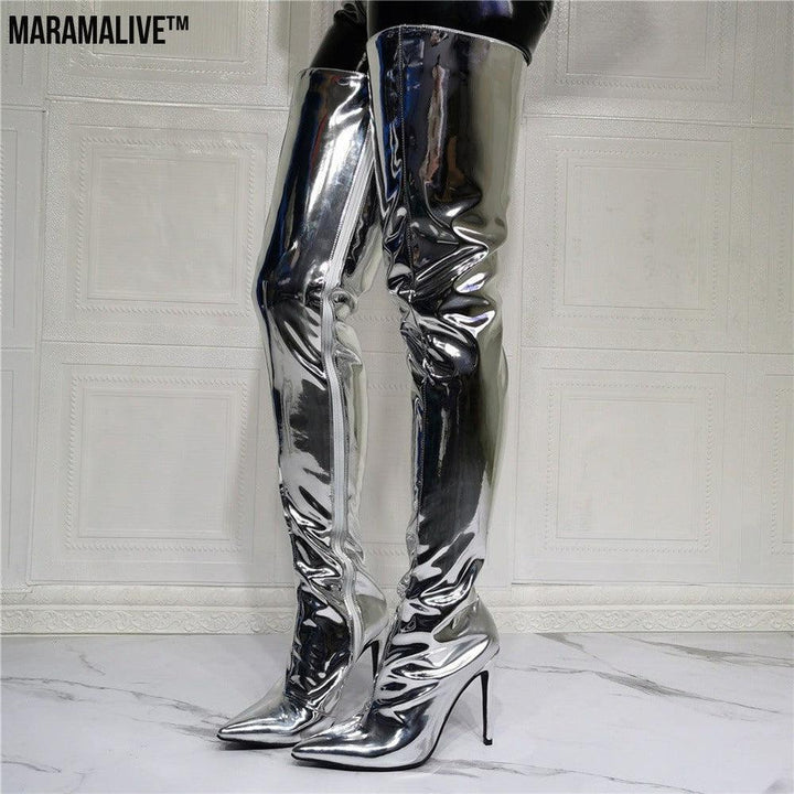 Silver Patent Leather Above Knee Size