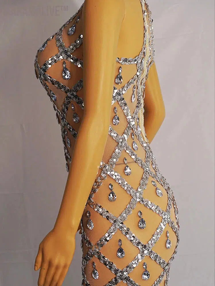 Silver Stones dress Mermaid Bodycon Halter Sleeveless Ballroom Evening Festival Clothing Rhinestone Prom Special Occasion Show