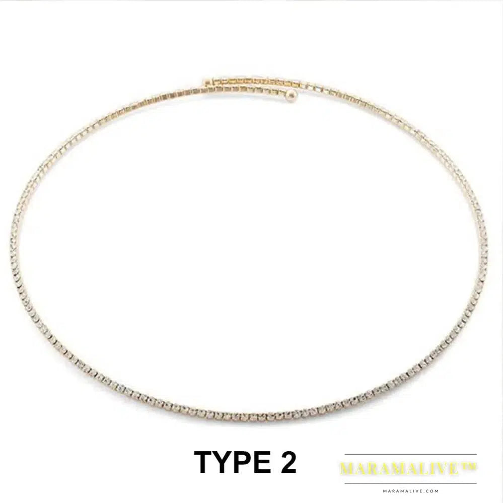 Simple Big Crystal Rhinestone Choker Necklace for Women Bling 1 Row Round Open Cuff Necklace Collar Statement Jewelry