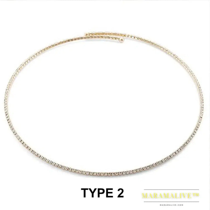 Simple Big Crystal Rhinestone Choker Necklace for Women Bling 1 Row Round Open Cuff Necklace Collar Statement Jewelry