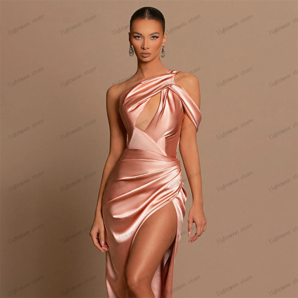 Simple Evening Dresses Satin Pleat Prom Dress Halter Neck Sleeveless Backless High Slit Robes For Party Vestidos De Gala 2024