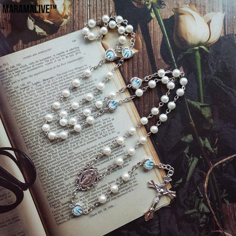 Simple Jewelry Glass Pearl Rosary Necklace