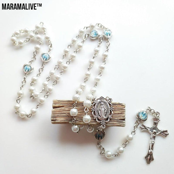 Simple Jewelry Glass Pearl Rosary Necklace