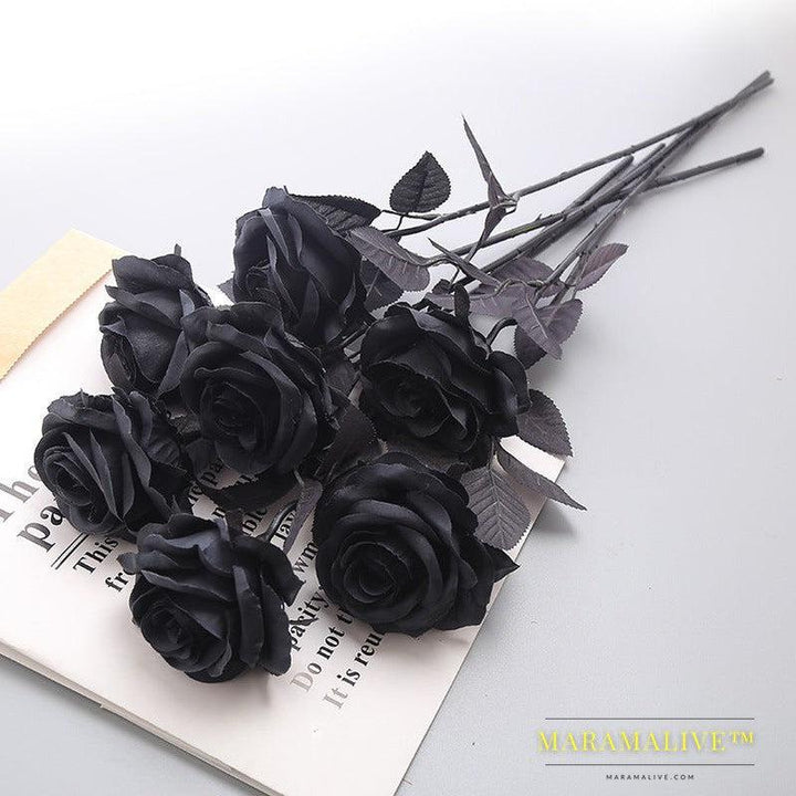 Simulation Pure Black Single Rose Bouquet Gothic Style Dark Series Decorative Fake Flower