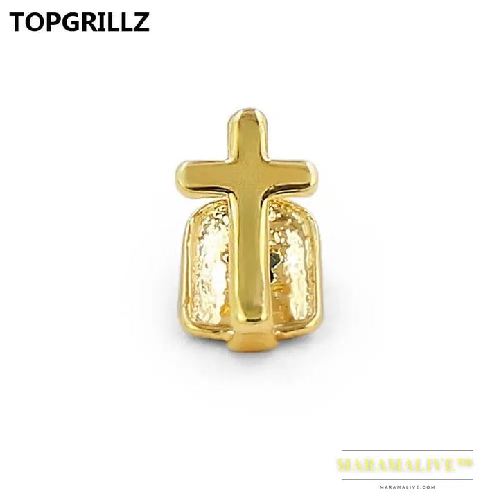 Single Cross Teeth Grillz Yellow Gold Color Plated Canine One Tooth Grills Upper Hip Hop Top Fangs Hollow Grill