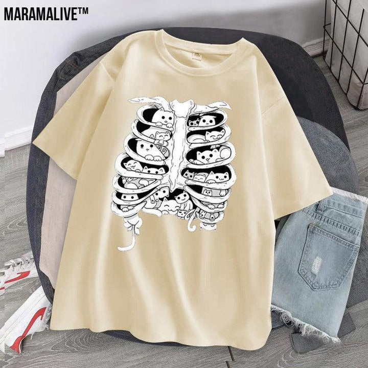 Skeleton Cat Gothic Print Round Neck Loose Men's And Women's T-shirt Short Sleeve