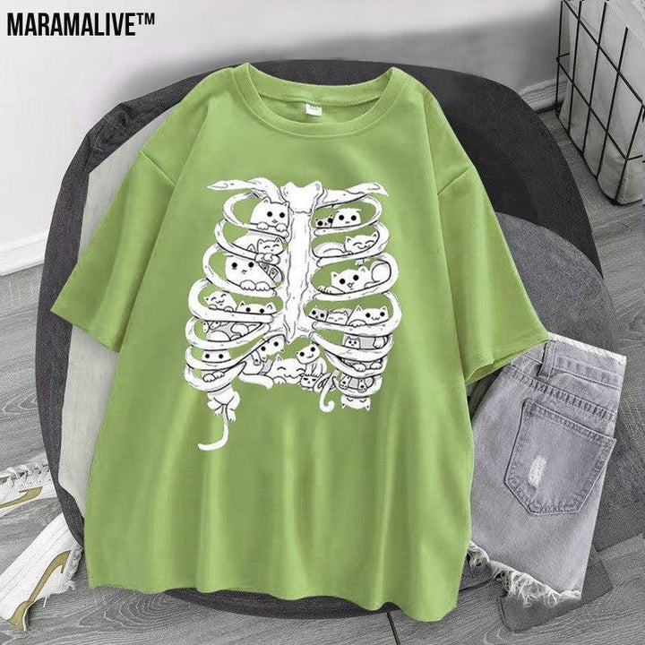 Skeleton Cat Gothic Print Round Neck Loose Men's And Women's T-shirt Short Sleeve