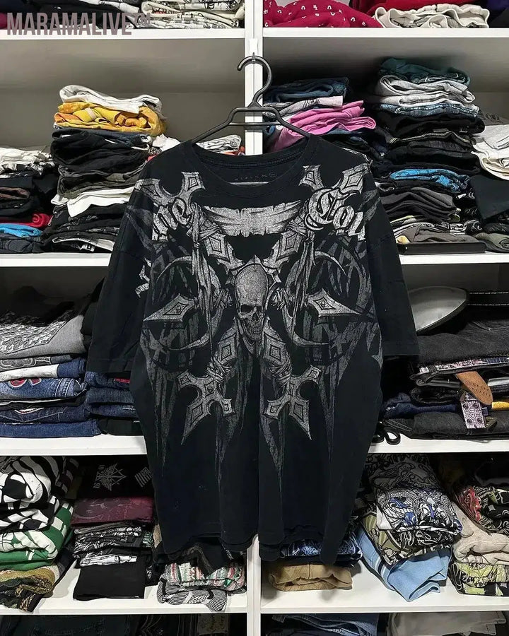 Skeleton Pattern Oversized T-shirt Men's Women's Y2K T-shirt New Harajuku Retro Short-sleeved Gothic Street Clothing Couple Top