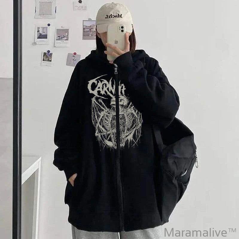 Skull junk plus size zipper hoodie Goth punk woman sweatshirt loose dark gothic hip-hop Harajuku street sweatshirt jacket