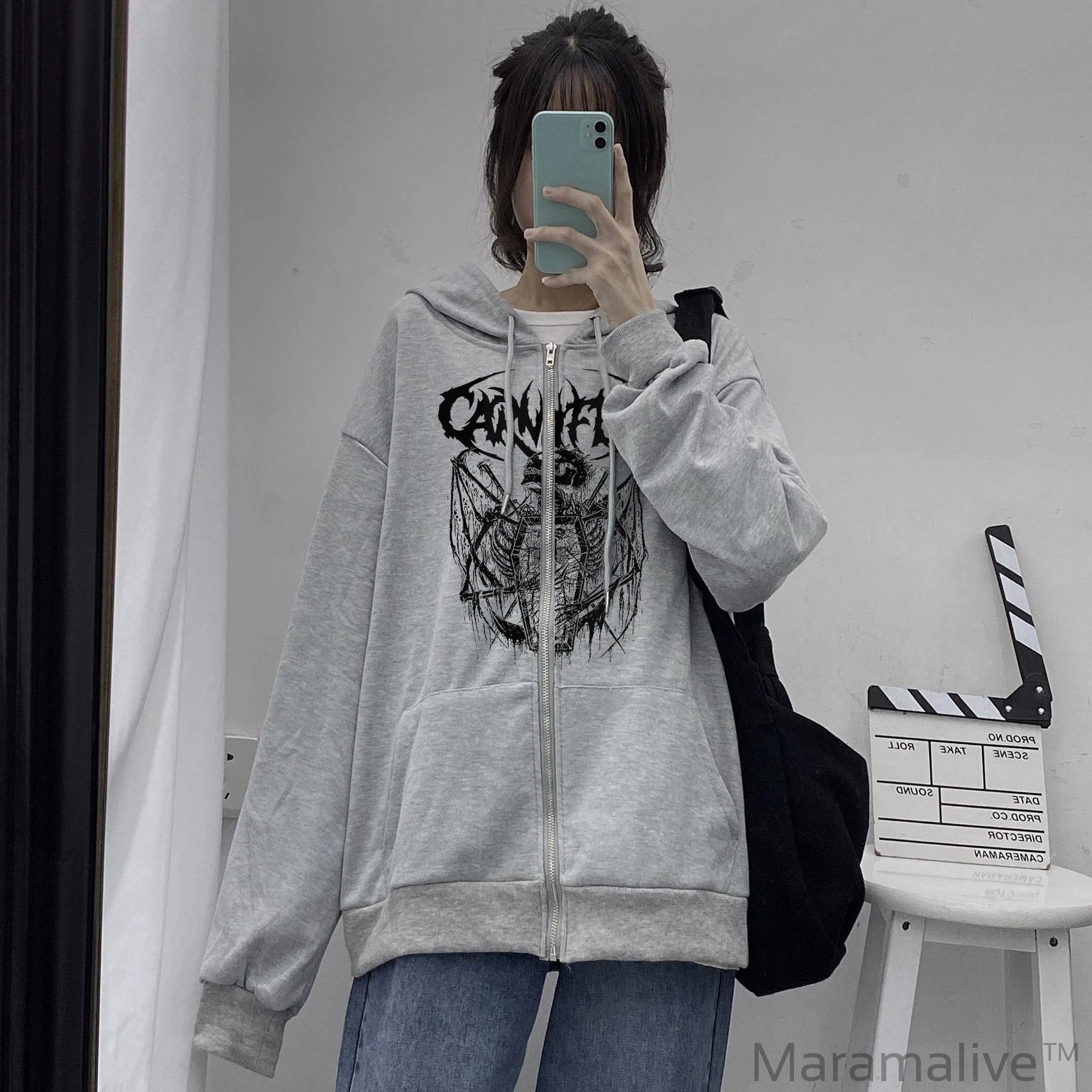 Skull junk plus size zipper hoodie Goth punk woman sweatshirt loose dark gothic hip-hop Harajuku street sweatshirt jacket