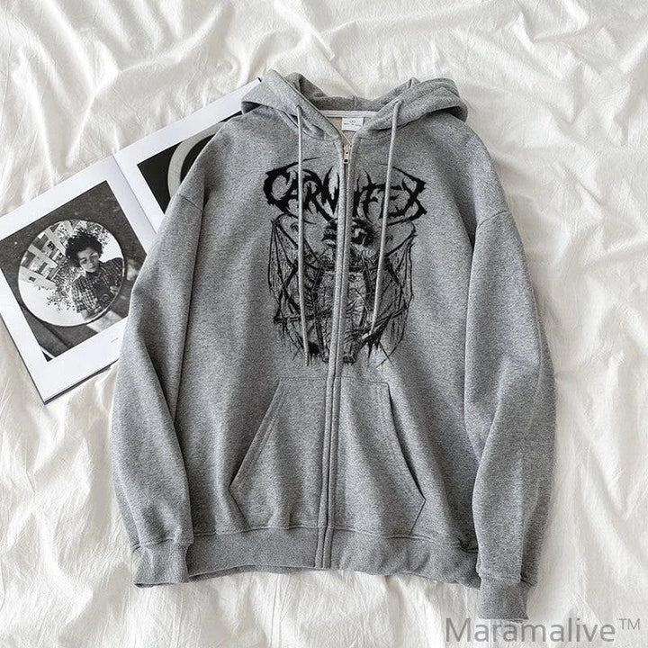 Skull junk plus size zipper hoodie Goth punk woman sweatshirt loose dark gothic hip-hop Harajuku street sweatshirt jacket