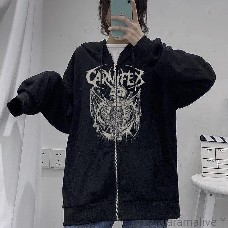 Skull junk plus size zipper hoodie Goth punk woman sweatshirt loose dark gothic hip-hop Harajuku street sweatshirt jacket