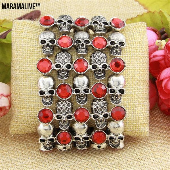 Skull skeleton stretch bracelet for women biker bling jewelry antique gold silver plated W crystal